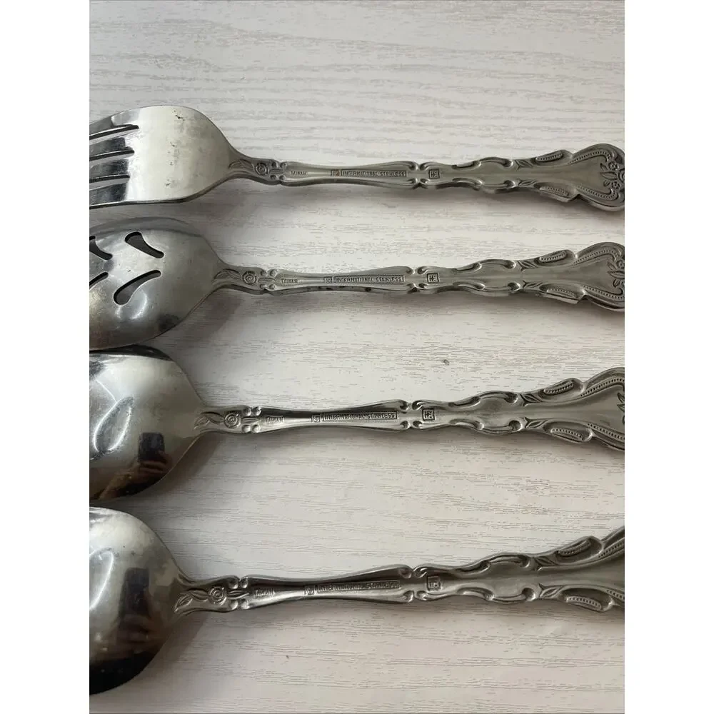 4 RARE Vtg International Stainless ABIGAIL Silverware Serving Floral Rose Taiwan